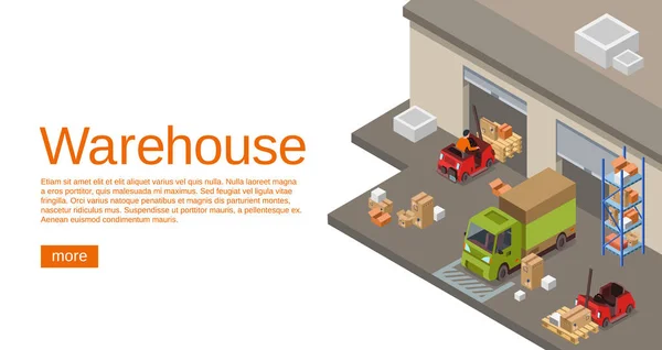 Warehouse isometric 3D vector illustration of storehouse and logistics and delivery transport — Stock Vector