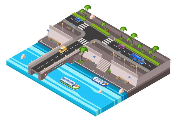 Vektor isometrische Uferböschung Auto Fahrbahn — Stockvektor