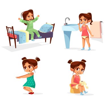 Kız çocuk sabah vektör çizim karikatür çocuk günlük rutin aktivite uyanma, yıkama ve fiziksel egzersizler