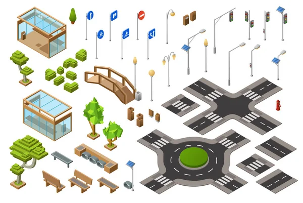 Ilustración de vectores 3D isométricos de carreteras urbanas de semáforos y señales de dirección o cruces de caminos aislados iconos — Vector de stock