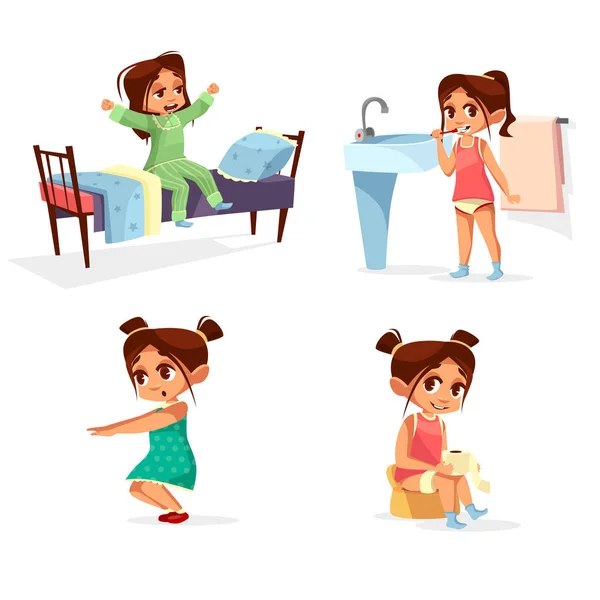 Menina criança manhã vetor ilustração de desenho animado criança rotina diária atividade acordar, lavagem e exercícios físicos —  Vetores de Stock