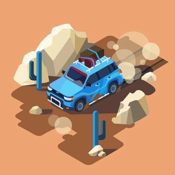 Vektor izometrické safari auto pouštní krajina — Stockový vektor