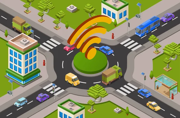 Intelligens városi forgalom és a kereszteződésen izometrikus 3d vektoros illusztráció a modern városi közlekedési internet technológia wifi — Stock Vector