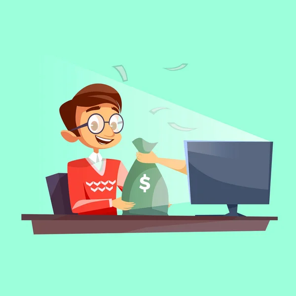 Teenager internet vector cartoon flat cartoon illustration of young boy giving or winning money bag from computer