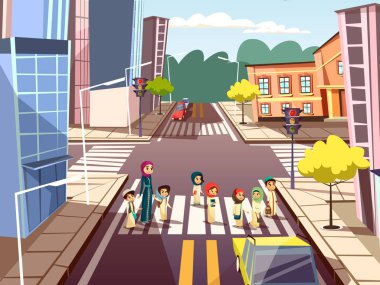 Yol trafik ışık geçiş çocuklu Arap Müslüman anne karikatür çizimi sokak yayalar vektör