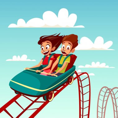 Karikatür çizimi rollercoaster eğlence parkı içinde sürme kız ve erkek çocuklar sürmek vektör