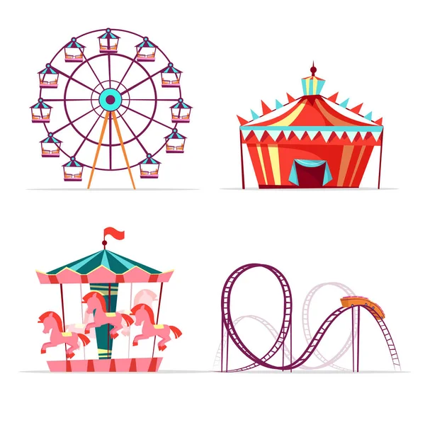 Vector cartoon amusement park attractions set. — Stock Vector