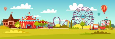 Amusement park vector cartoon illustration of attractions coaster rides, circus merry-go-round carousels and observation wheel clipart