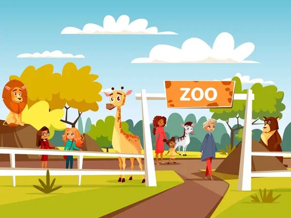 Zoo vettoriale illustrazione del fumetto o zoo accarezzando con animali e visitatori famiglia e bambini — Vettoriale Stock