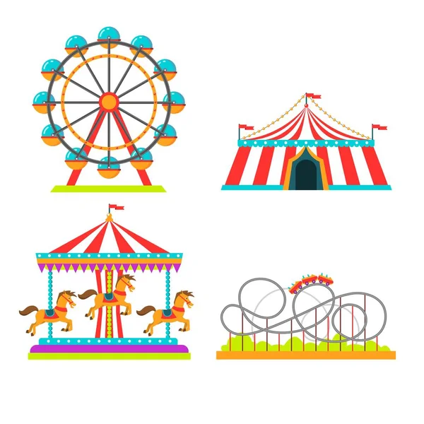 Amusement park vector illustration of attractions rides, circus tent, merry-go-round carousel and observation wheel or roller coaster — Stock Vector