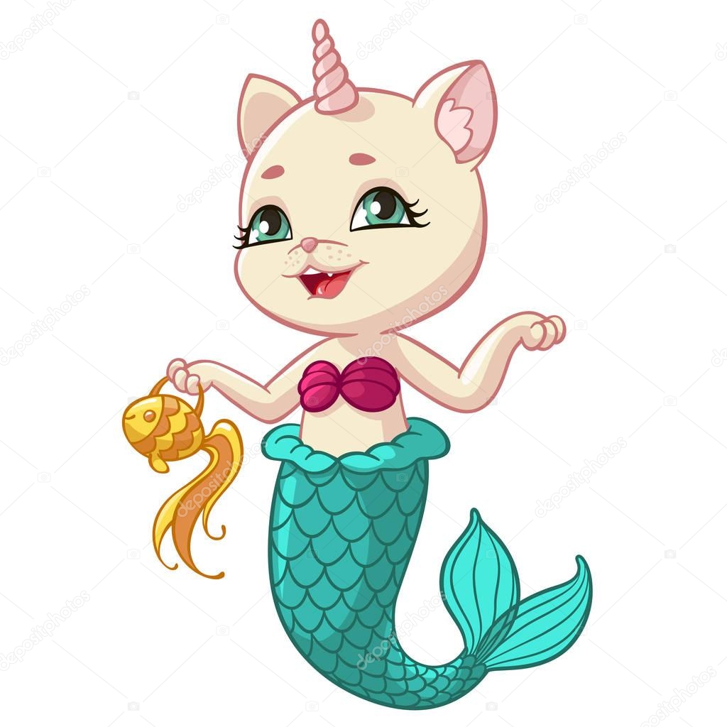 Cat mermaid or unicorn cartoon vector illustration for kid birthday greeting card design template