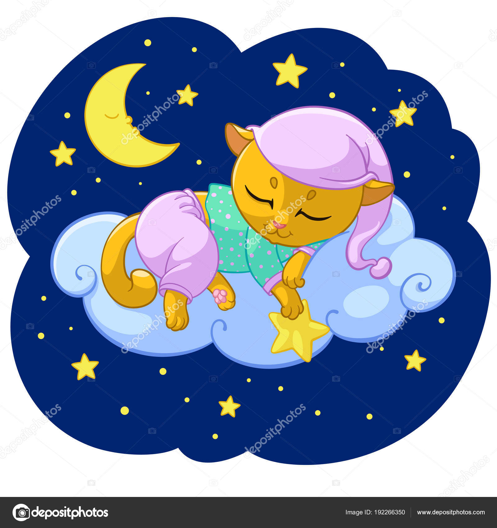 一个卡通女孩和可爱的小猫睡觉可爱的宠物插画图片素材_ID:369951142-Veer图库
