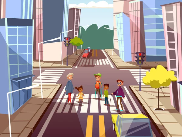 Vector desenhos animados pessoas cruzando conceito de estrada — Vetor de Stock