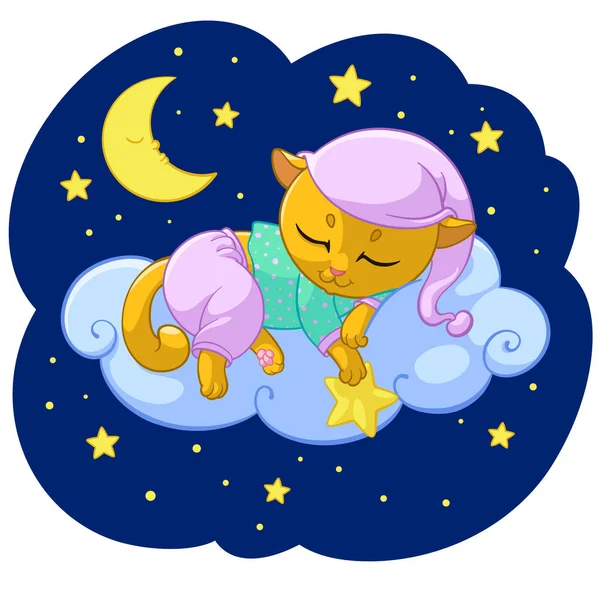 Kitty dormir dibujo animado vector ilustración de sueño de gatito sueño en las estrellas de la nube en pijama para niño camiseta impresión diseño plantilla — Archivo Imágenes Vectoriales