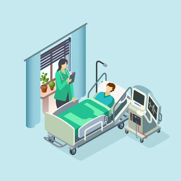 Vektorové izometrické nemocniční pokoj, pacient, lékař — Stockový vektor