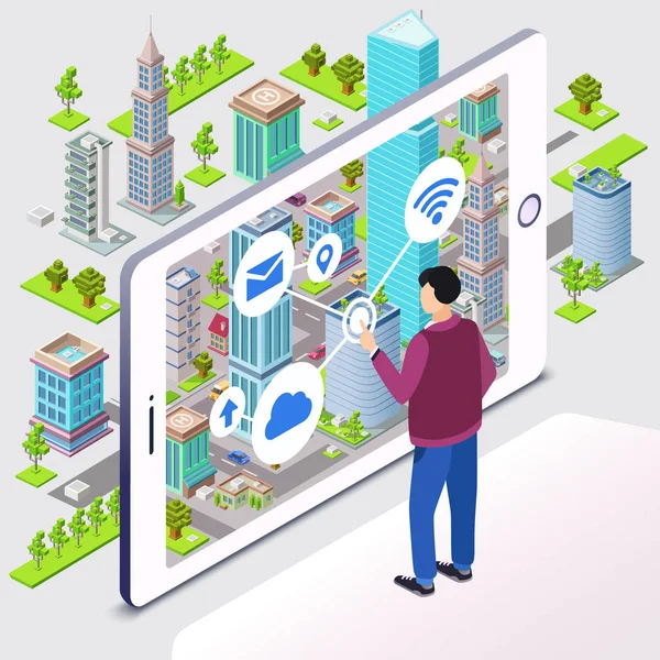 Illustrazione vettoriale smart city della tecnologia wireless per app per smartphone — Vettoriale Stock