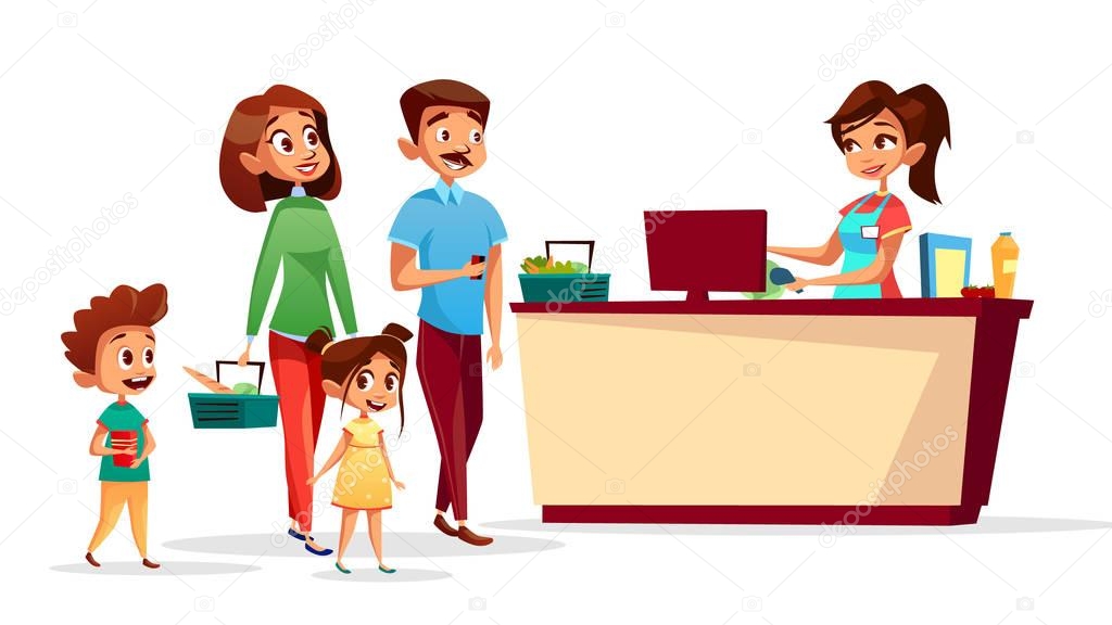 People at supermarket checkout counter vector cartoon