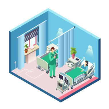 Vector isometric hospital room, patient, doctor clipart