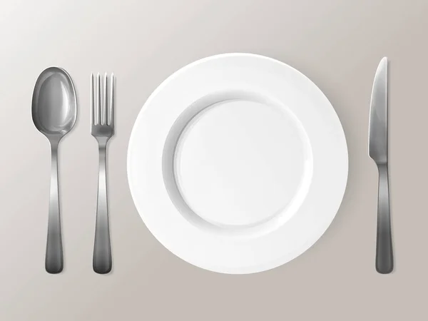 Κουτάλι, πιρούνι ή μαχαίρι και ένα πιάτο σκεύη 3d διανυσματικά εικονογράφηση — Διανυσματικό Αρχείο