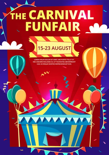 Carnival funfair vektor tecknad illustration av cirkus inbjudan affisch, banner eller flyer mall — Stock vektor