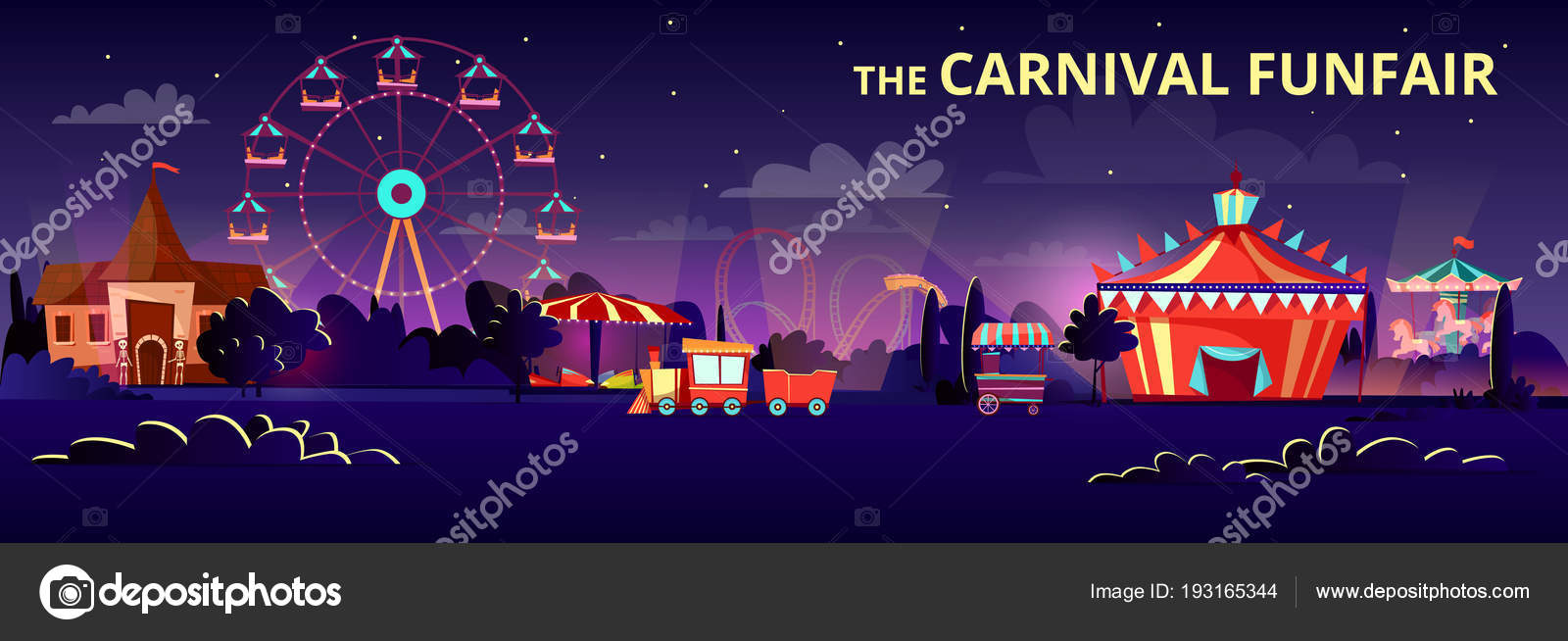 Pretpark cartoon vectorillustratie van carnaval kermis \'s nachts met ... Pretpark cartoon vectorillustratie van carnaval kermis \'s nachts met ...