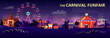 Eğlence Parkı vektör karikatür çizim karnaval lunapark geceleri sürmek, carousels ve sirk çadırının aydınlatmalı
