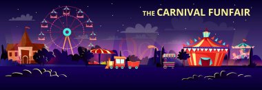 Amusement park vector cartoon illustration of carnival funfair at night with illumination of rides, carousels and circus tent clipart