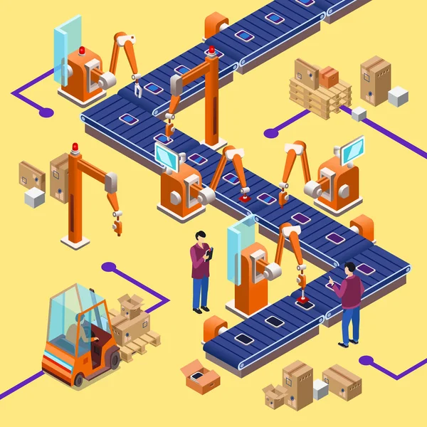 Linha de montagem robótica automática isométrica vetorial —  Vetores de Stock