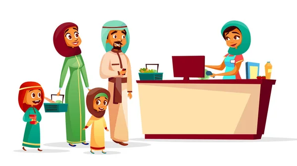 Muslim family at supermarket checkout counter vector cartoon illustration — Stock Vector