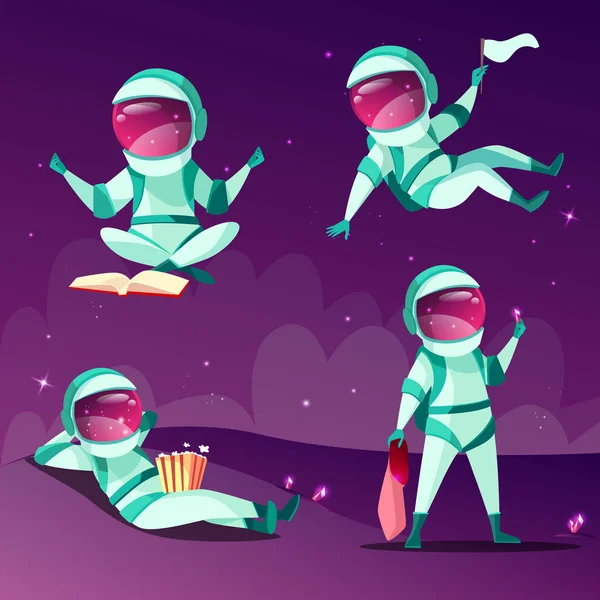 Astronauts in weightlessness zero gravity planet vector cartoon illustration