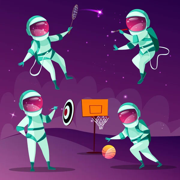 Vetor desenhos animados astronautas jogando jogos no cosmos —  Vetores de Stock