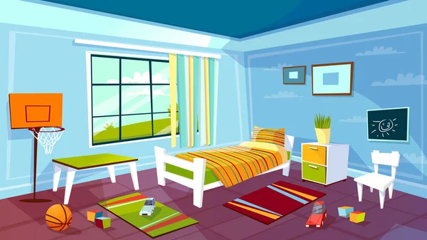 Kind kamer cartoon vectorillustratie jongen jongen slaapkamer interieur meubels en speelgoed achtergrond — Stockvector