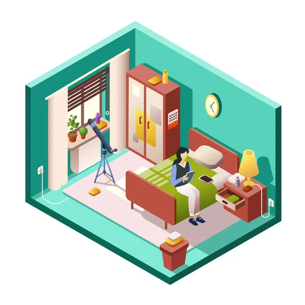 Girl or woman bedroom vector illustration of isometric room cross section — Stock Vector