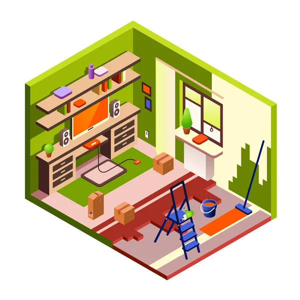 Room renovation vector illustration isometric cross section — Stock Vector