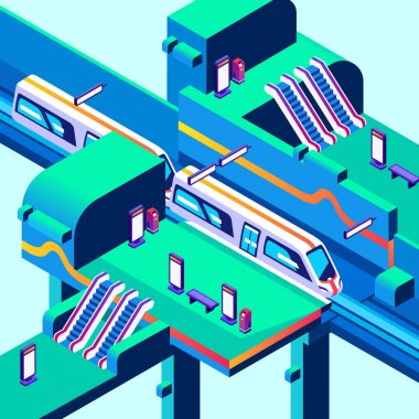 Metro tren istasyonu vektör izometrik çizim
