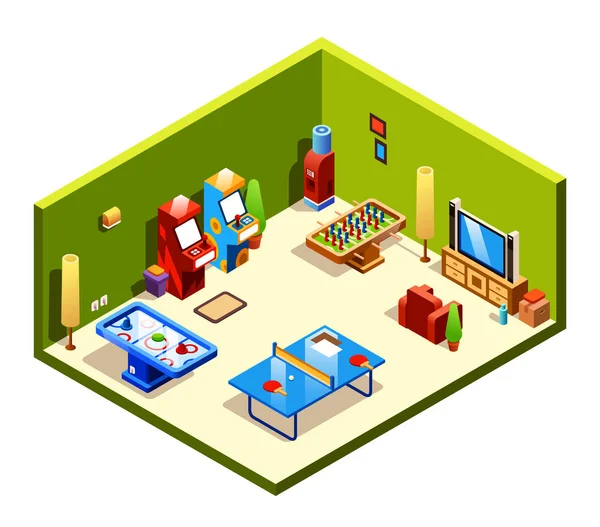 Vector isometric recreation entertainment room — Stock Vector