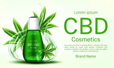 Cbd kozmetik şişesinde su sıçraması ve yapraklar var.