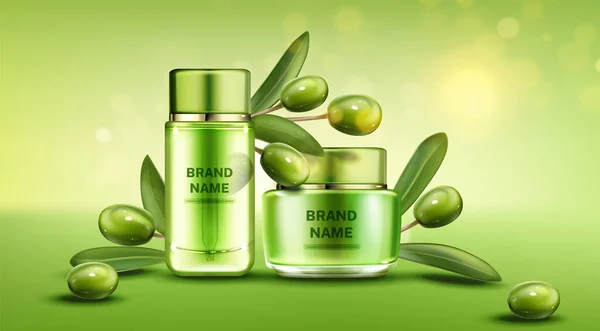 Bouteilles cosmétiques olive ligne de produits de beauté naturels — Image vectorielle