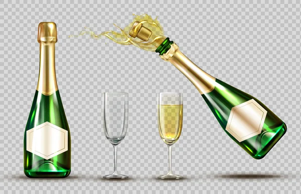 Botella de explosión de champán y juego de gafas de vino — Vector de stock