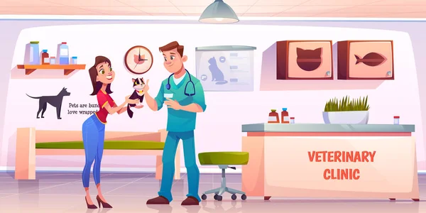 Jeune femme donnant chat au médecin vétérinaire — Image vectorielle