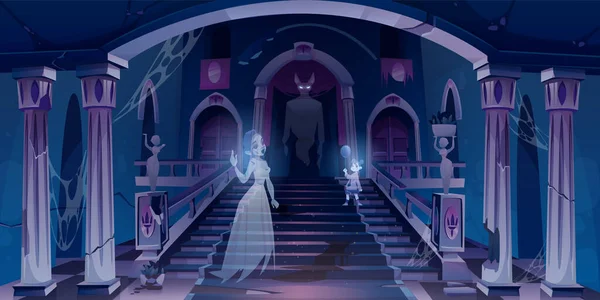 Antiguo castillo con fantasmas volando en oscura habitación de miedo — Vector de stock