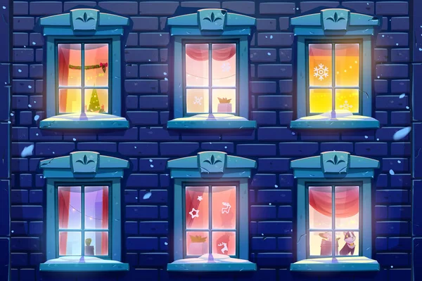 Ventanas de noche con decoración de Navidad y Año Nuevo — Vector de stock