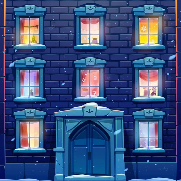 Νυχτερινά παράθυρα με διακόσμηση Χριστουγέννων και Πρωτοχρονιάς — Διανυσματικό Αρχείο