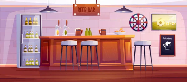 Пивной бар или паб, пустой интерьер с деревянным столом — стоковый вектор