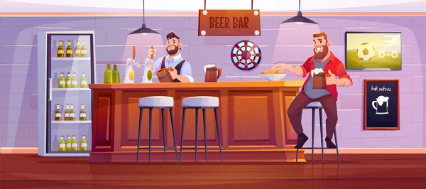 Homem no bar de cerveja sentar-se em alto banco na mesa de madeira —  Vetores de Stock