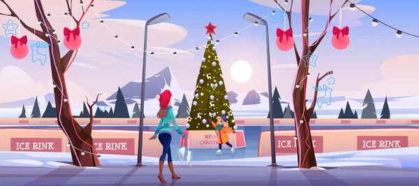 Mutter auf Weihnachts-Eisbahn mit Tannenbaum — Stockvektor
