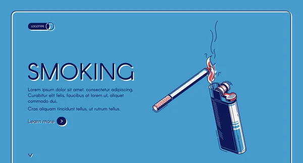 Smoking isometric landing, cigarette and lighter — ストックベクタ