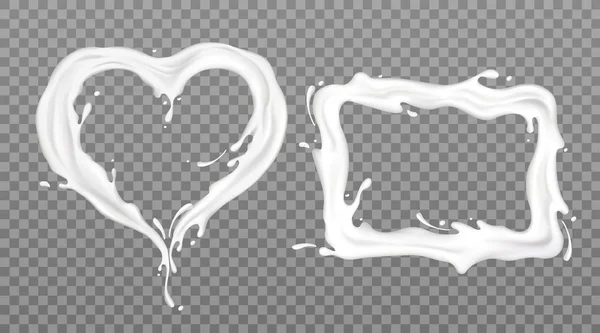 Milk splash frames rectangle and heart shape set — ストックベクタ