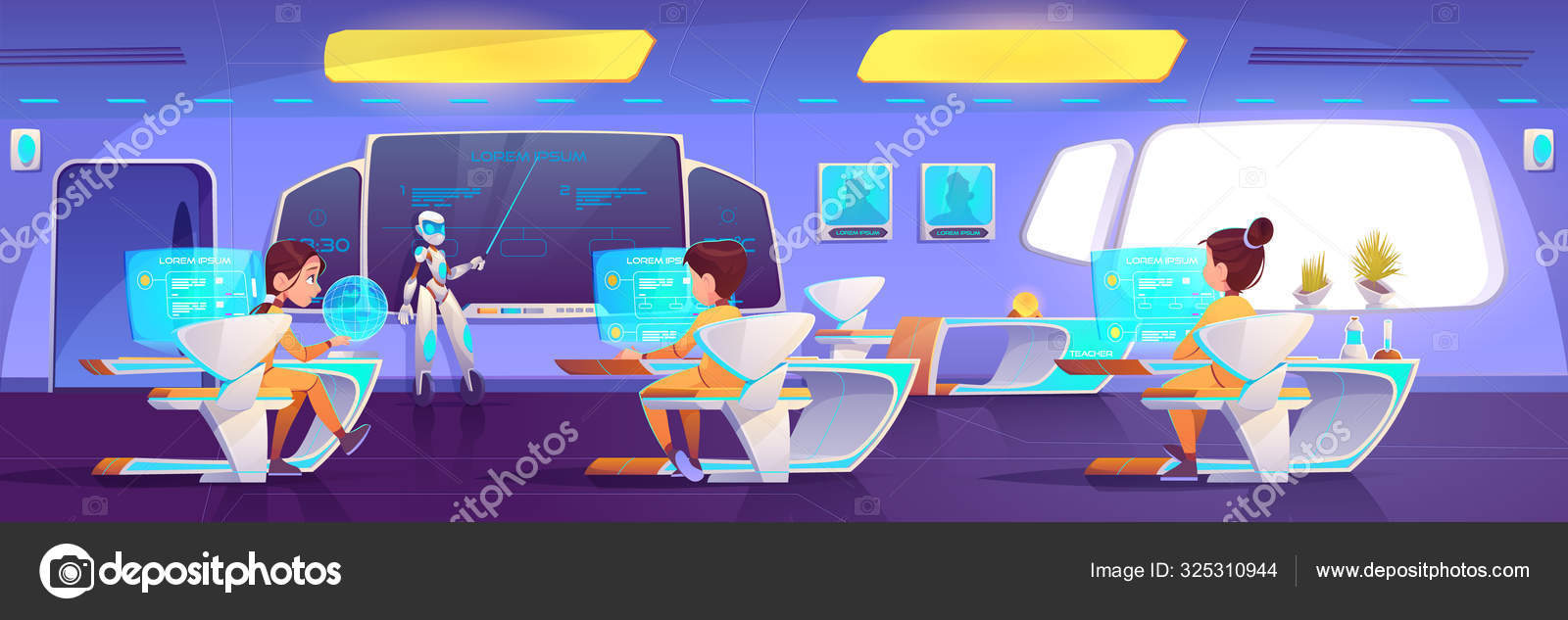Futuristic classroom with kids and robot teacher Stock Vector Image by  ©vectorpouch #325310944
