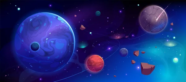 Planetas no espaço exterior com satélites e meteoros — Vetor de Stock